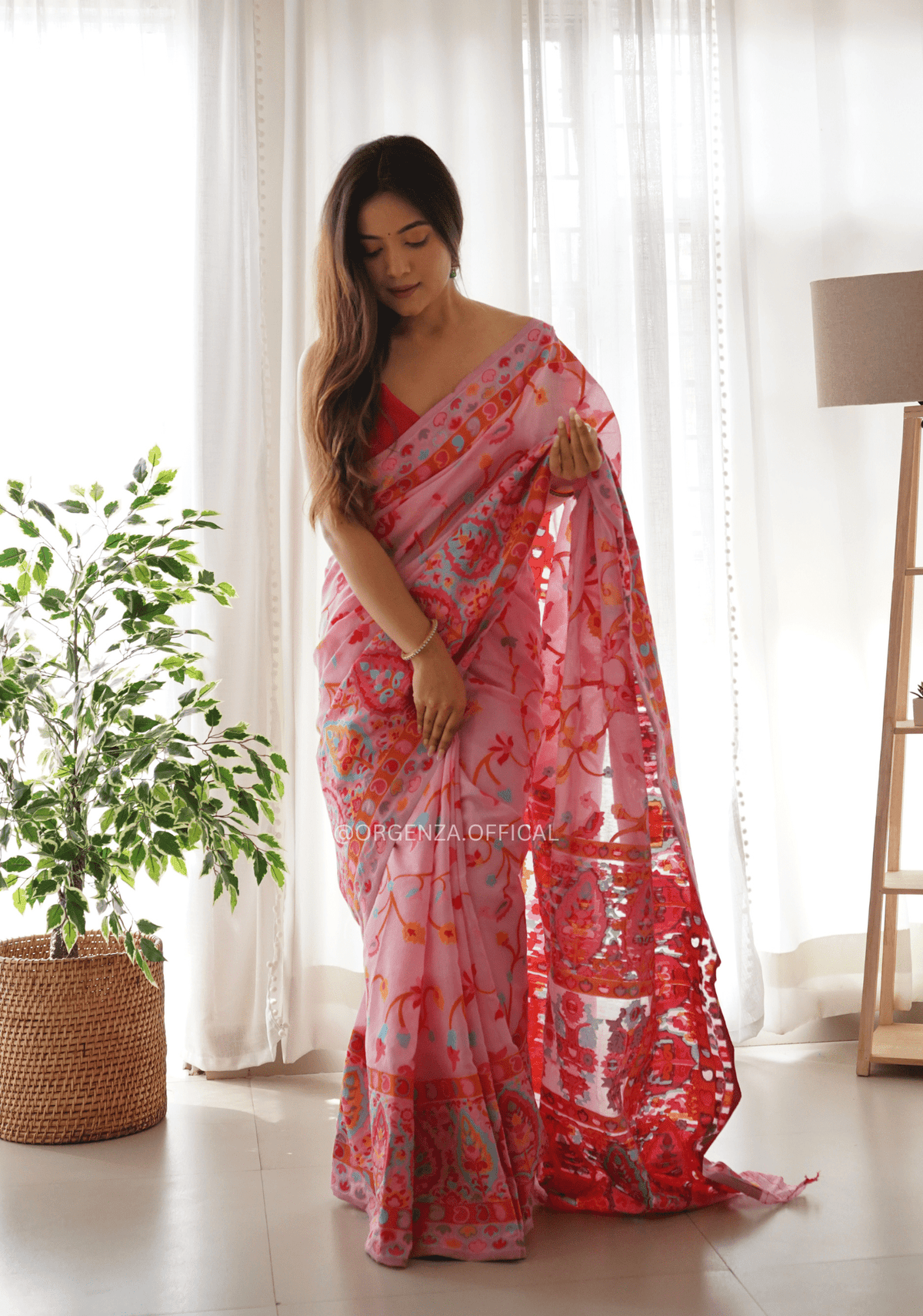 Baby Pink Slab Pashmina Kashmiri Silk Kachi Work Saree