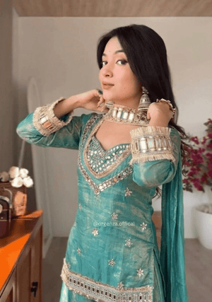 Premium Fendy Silk Sharara Suit Set with Real Mirror Work & Lace Border - Orgenza Store