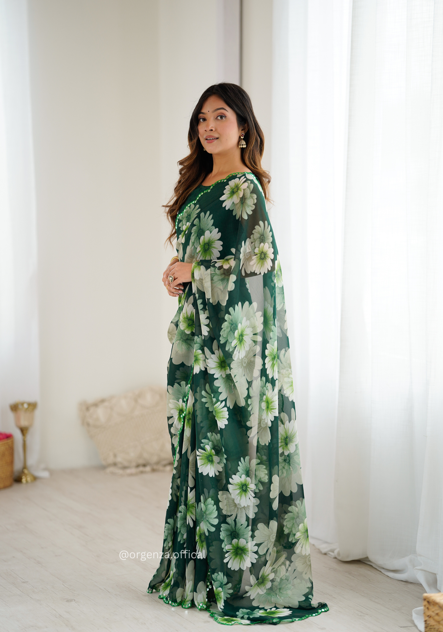 Green Colour Georgette Printed Mirror Saree