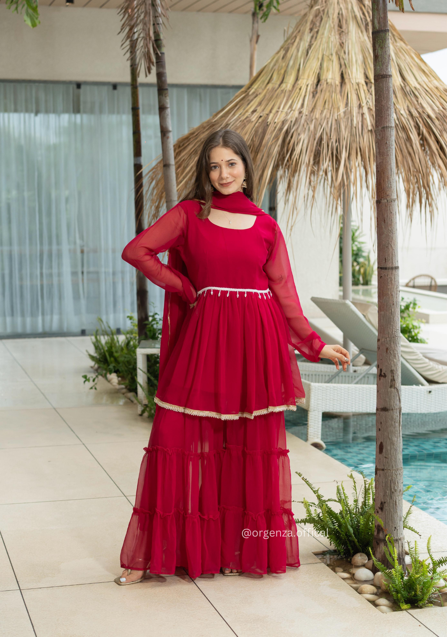 Red Colour Kediya Sharara Fully Stitched Kurti