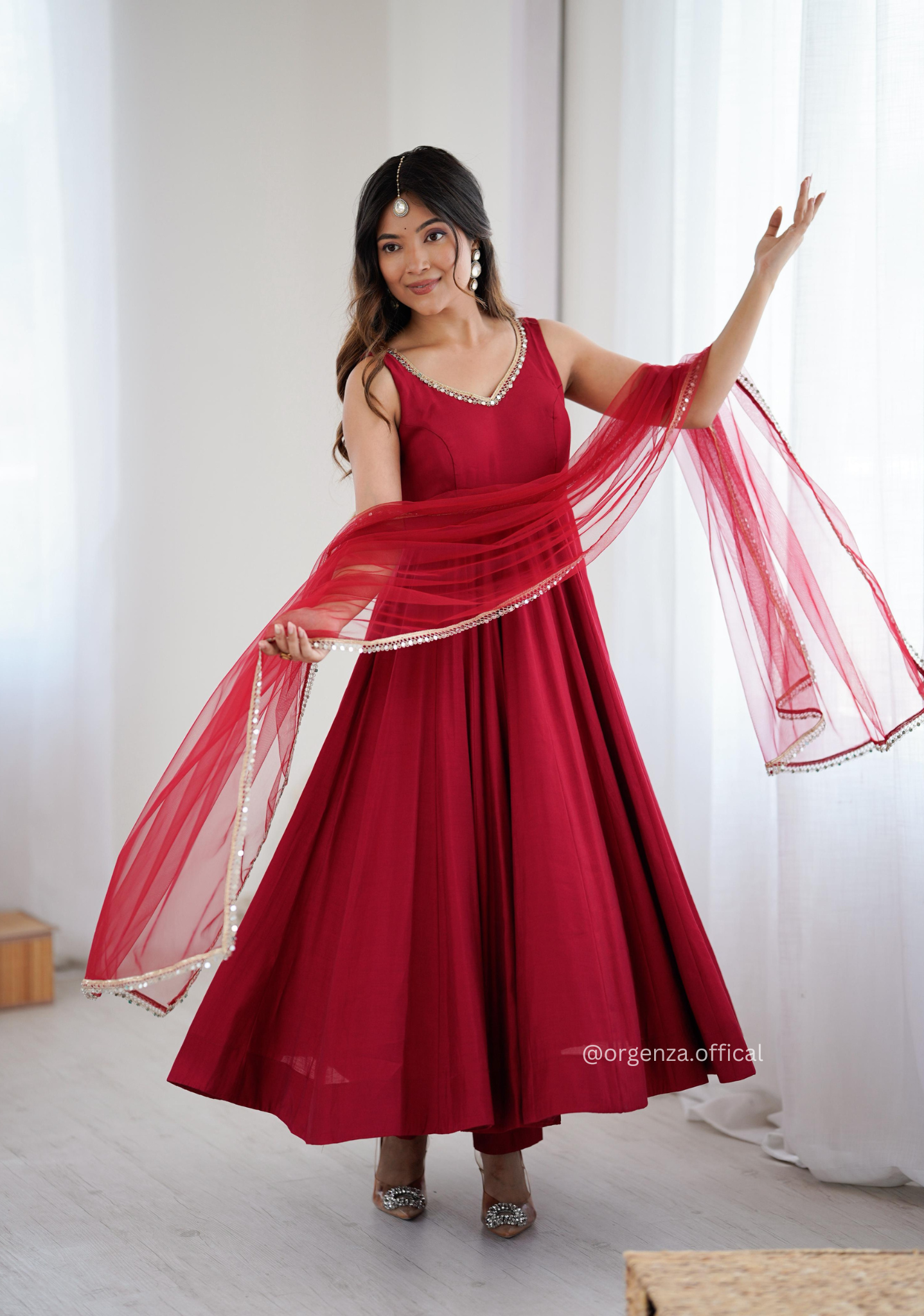 Maroon Colour Roman Silk Chanderi Plain Anarkali Kurti