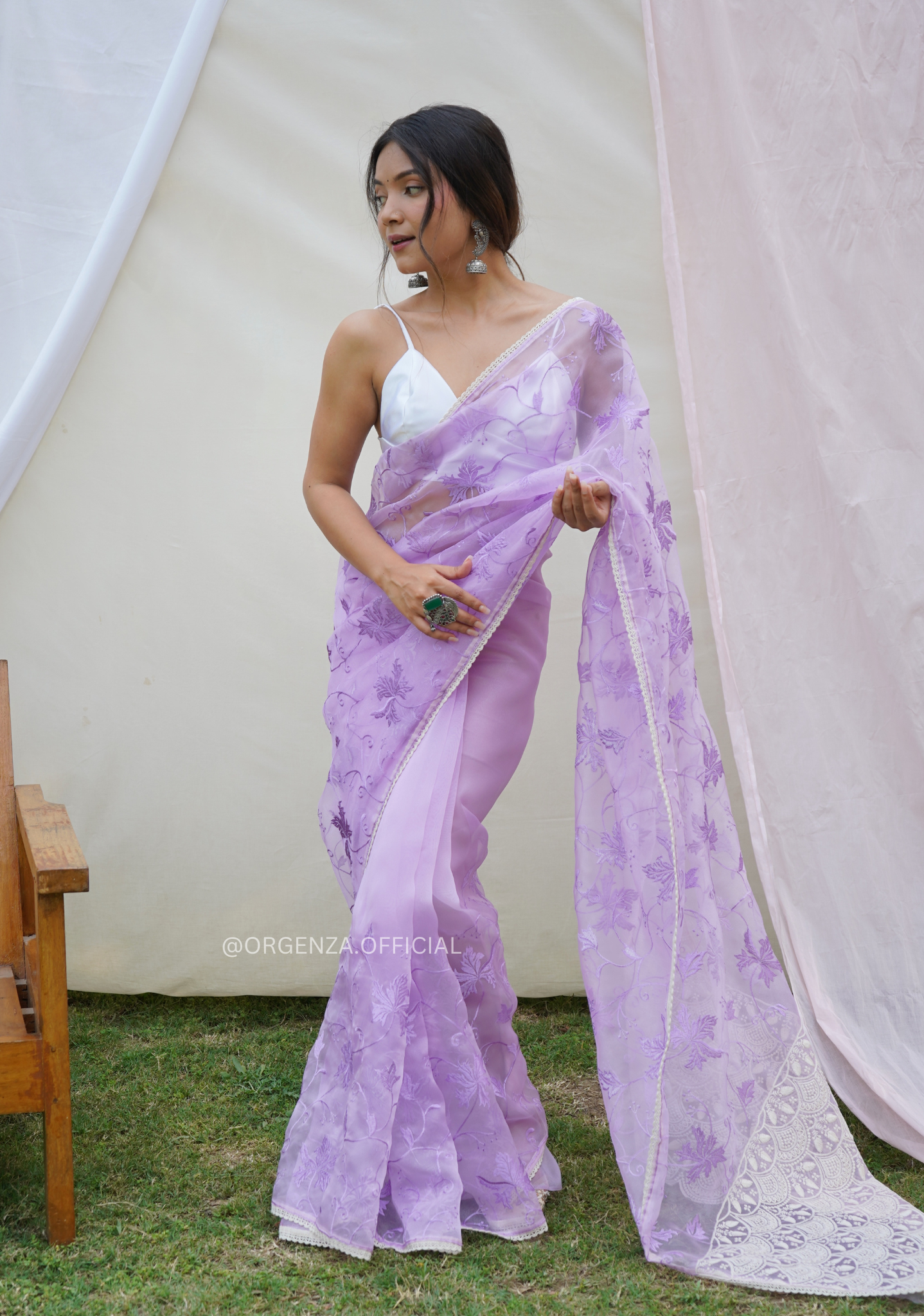Lavender Colour Organza Saree With Floral Embroidery Work - Orgenza Store