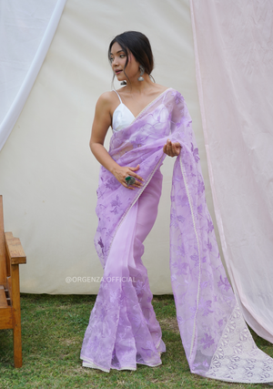 Lavender Colour Organza Saree With Floral Embroidery Work - Orgenza Store