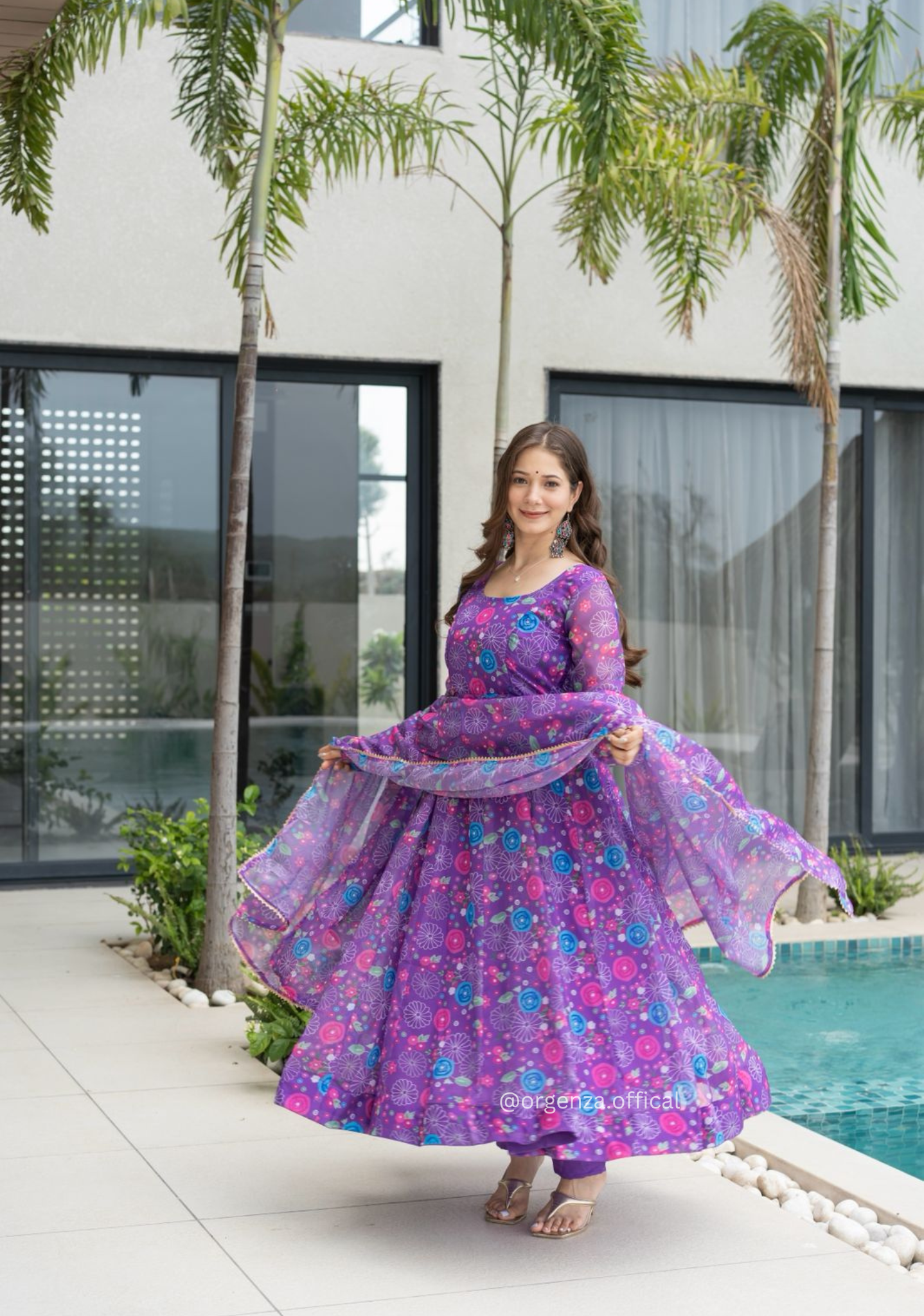 Purple Colour Pure Organza Silk Floral Anarkali Kurtis