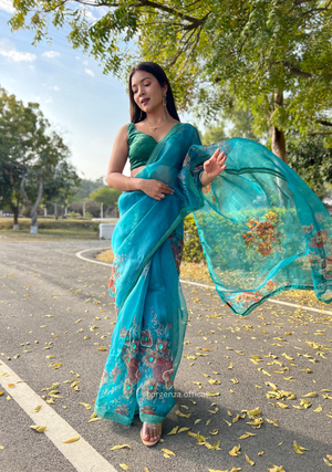 Sea Blue Colour Organza Saree With Handwork - Orgenza Store - digisoch