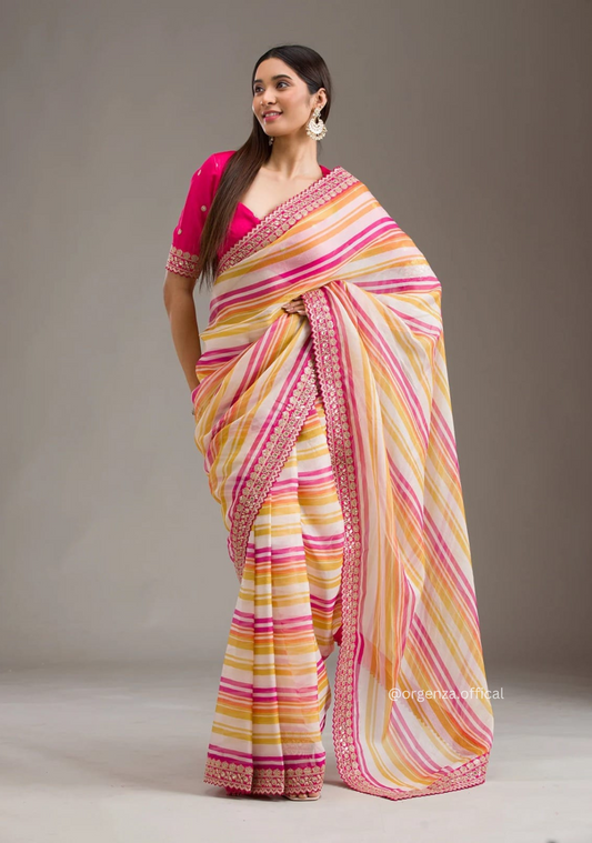 Pink Orange Colour Chinnon Silk Saree With Embroidery Work