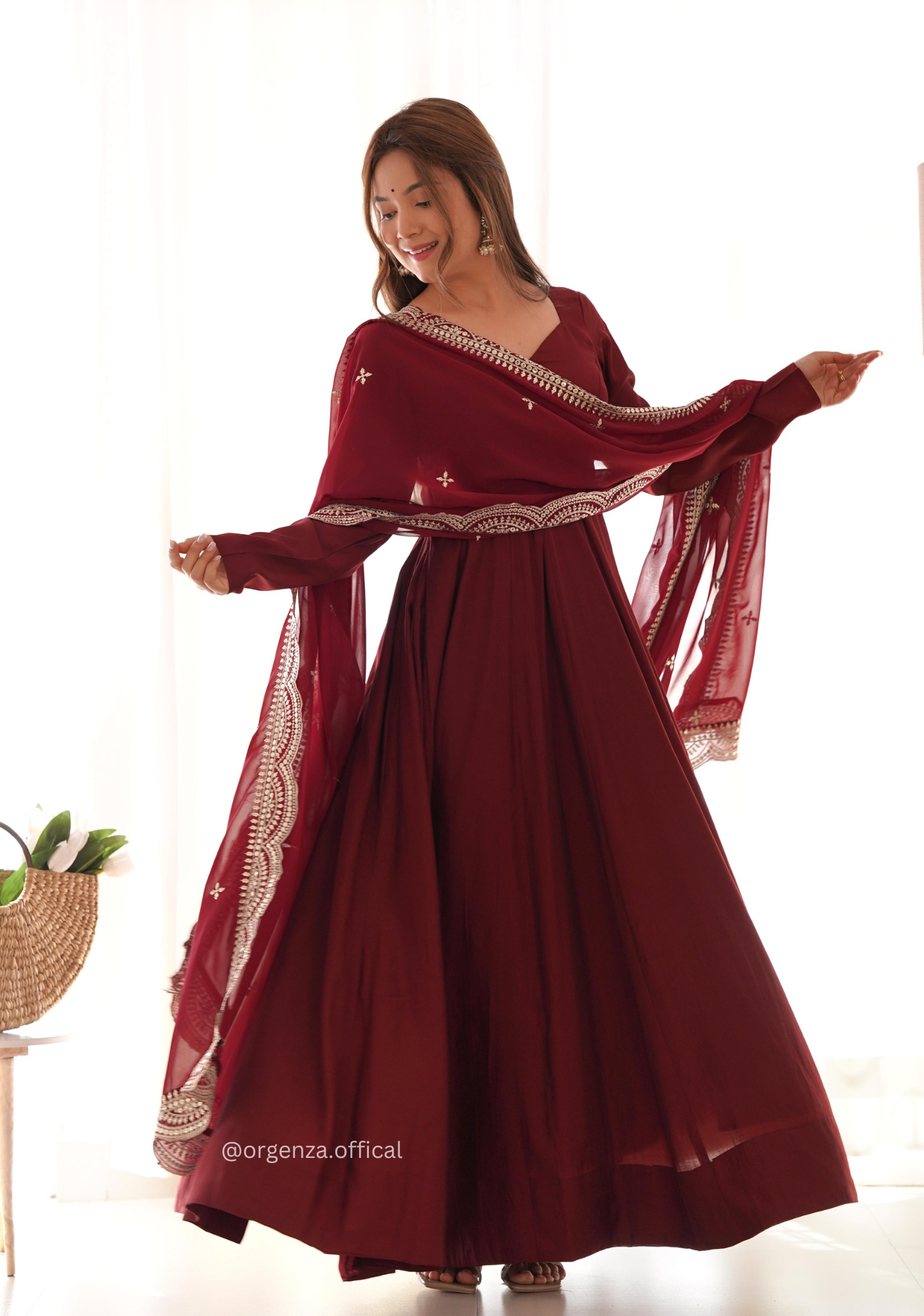 Maroon Colour Roman Silk Chanderi Plain Anarkali Kurti