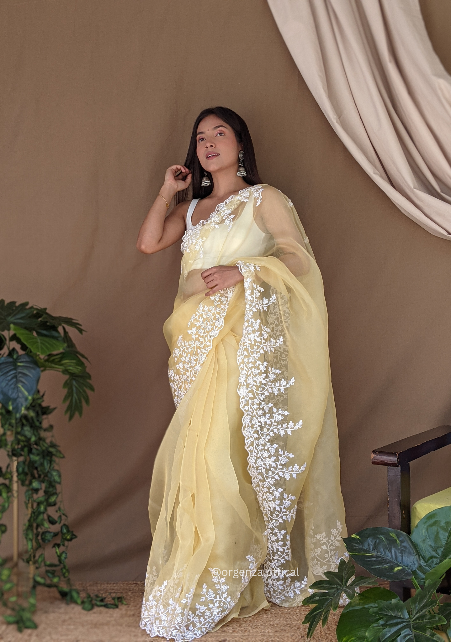 Organza Light Yellow Color Pure Organza Silk And Flower Embroidery Work - Orgenza Store