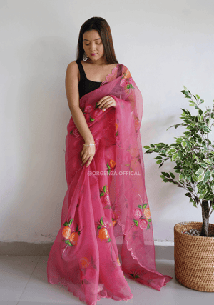 Peach Hand Print Organza Saree - Orgenza Store - digisoch