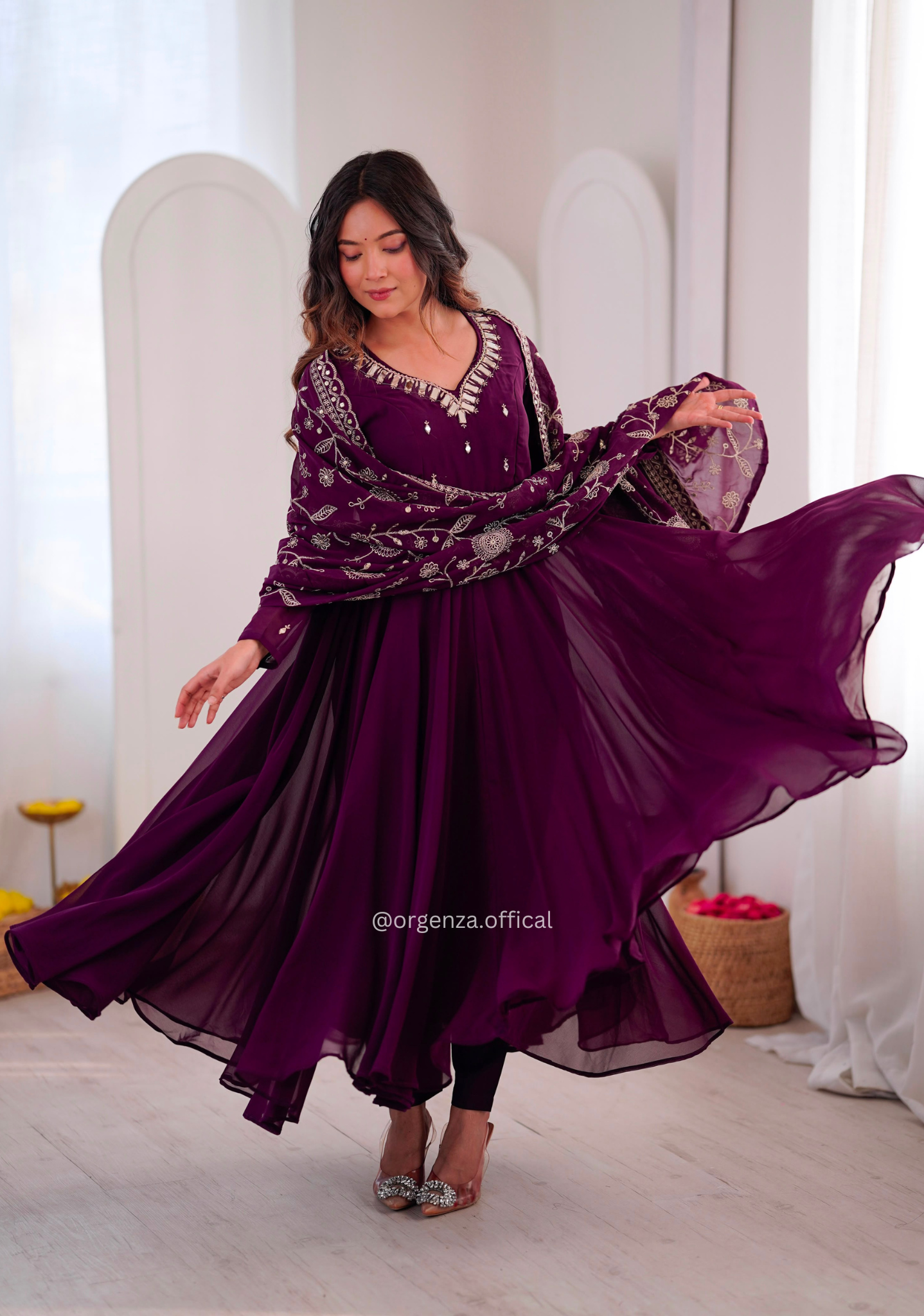 Wine Real Mirror Khatli Work Anarkali Suit Set