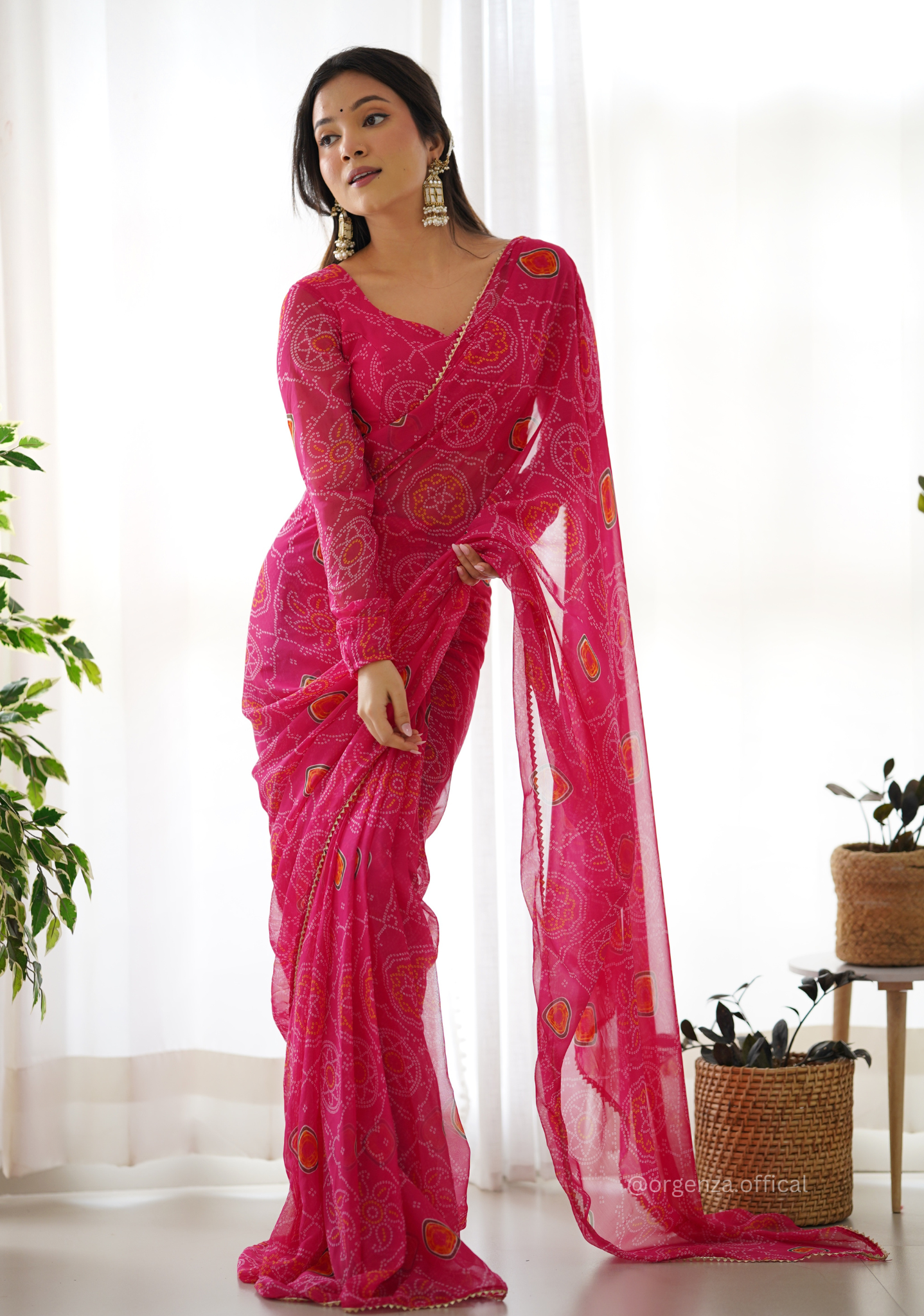Ready To Wear Pure Chiffon Silk Saree With Bandhani Print - Orgenza Store