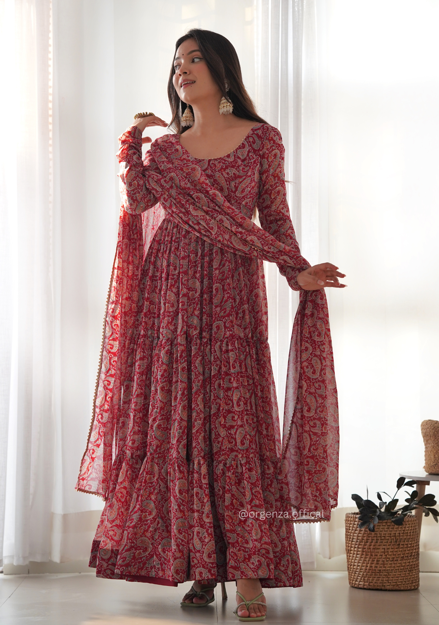 Pure Soft Fox Georgette Kalamkari Print Ruffle Anarkali - Orgenza Store
