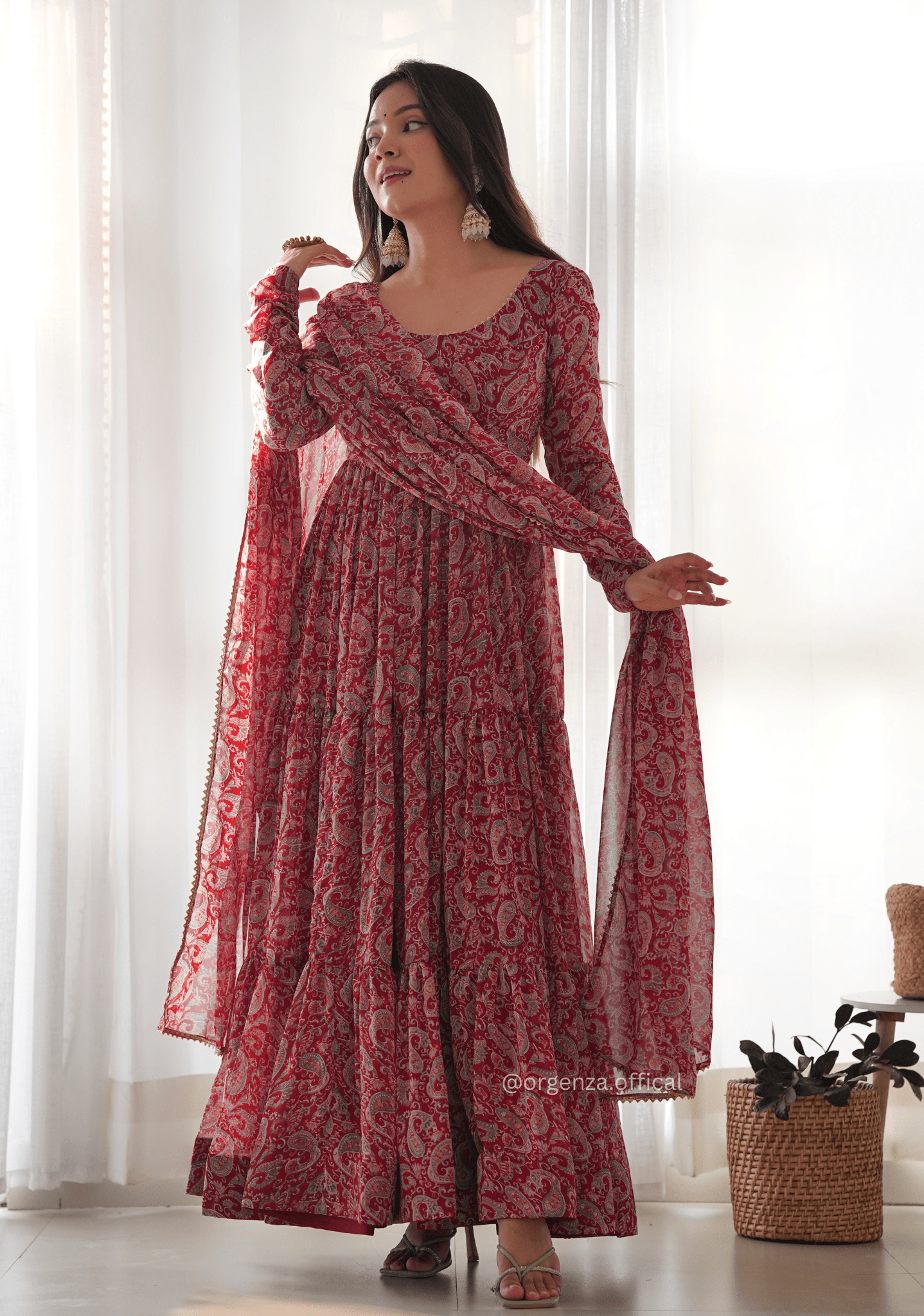 Pure Soft Fox Georgette Kalamkari Print Ruffle Anarkali - Orgenza Store