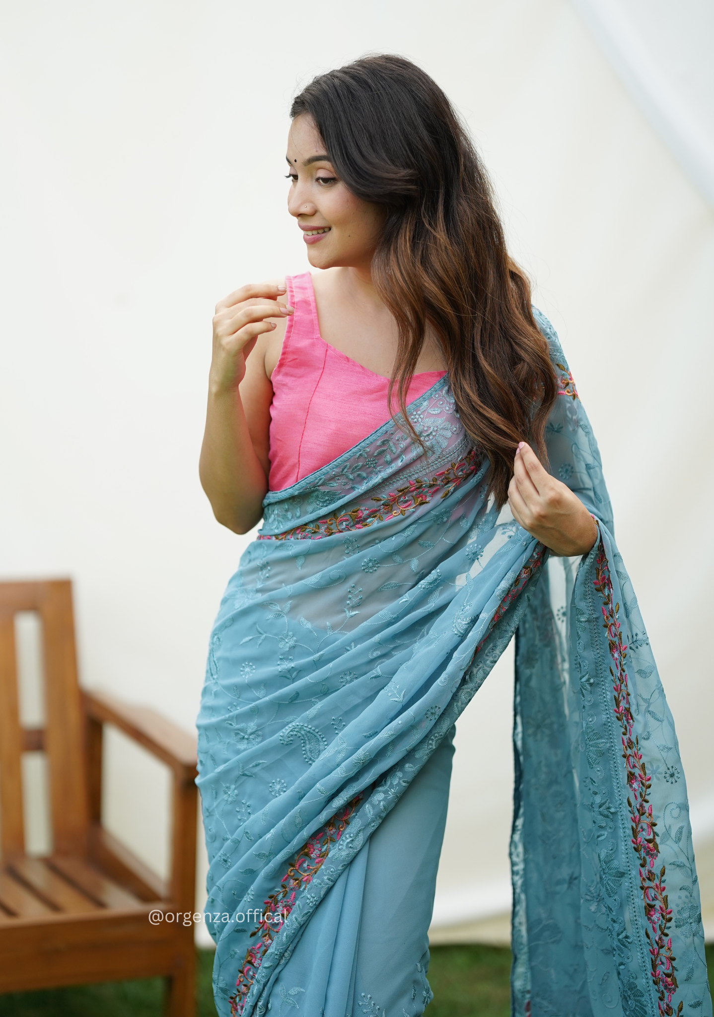 Sky Color Embroidery Work Heavy Georgette Silk Saree With Running Blouse - Orgenza Store