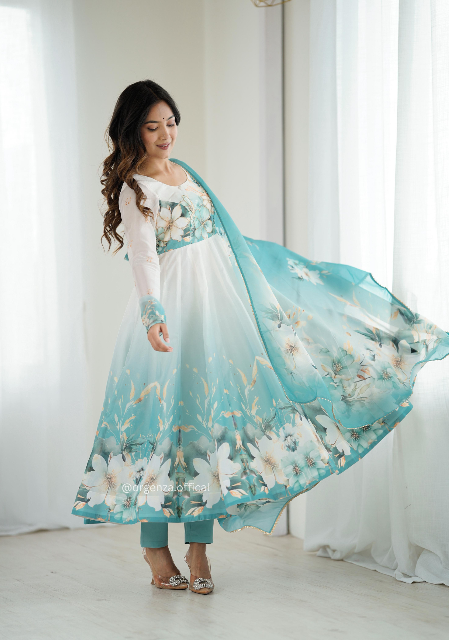 Aqua Blue Colour Organza Anarkali Kurti Set