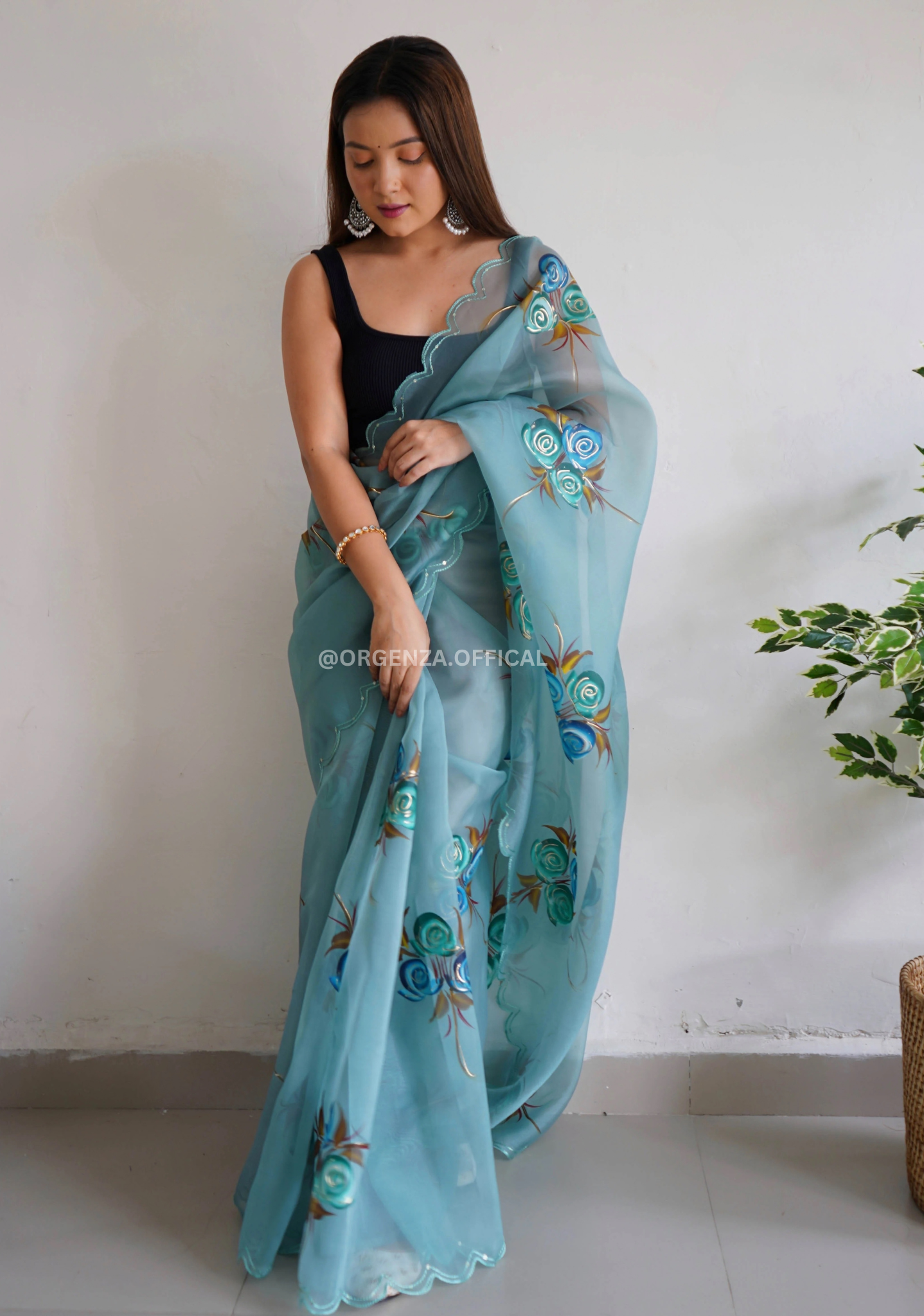 Rama Hand Print Organza Saree