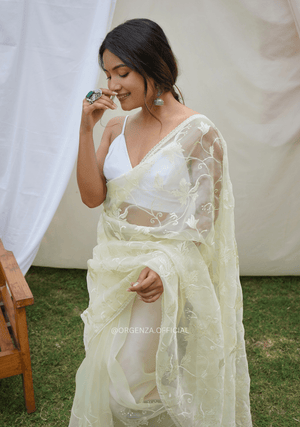 Light Yellow Organza Saree With Embroidery Work - Orgenza Store - digisoch