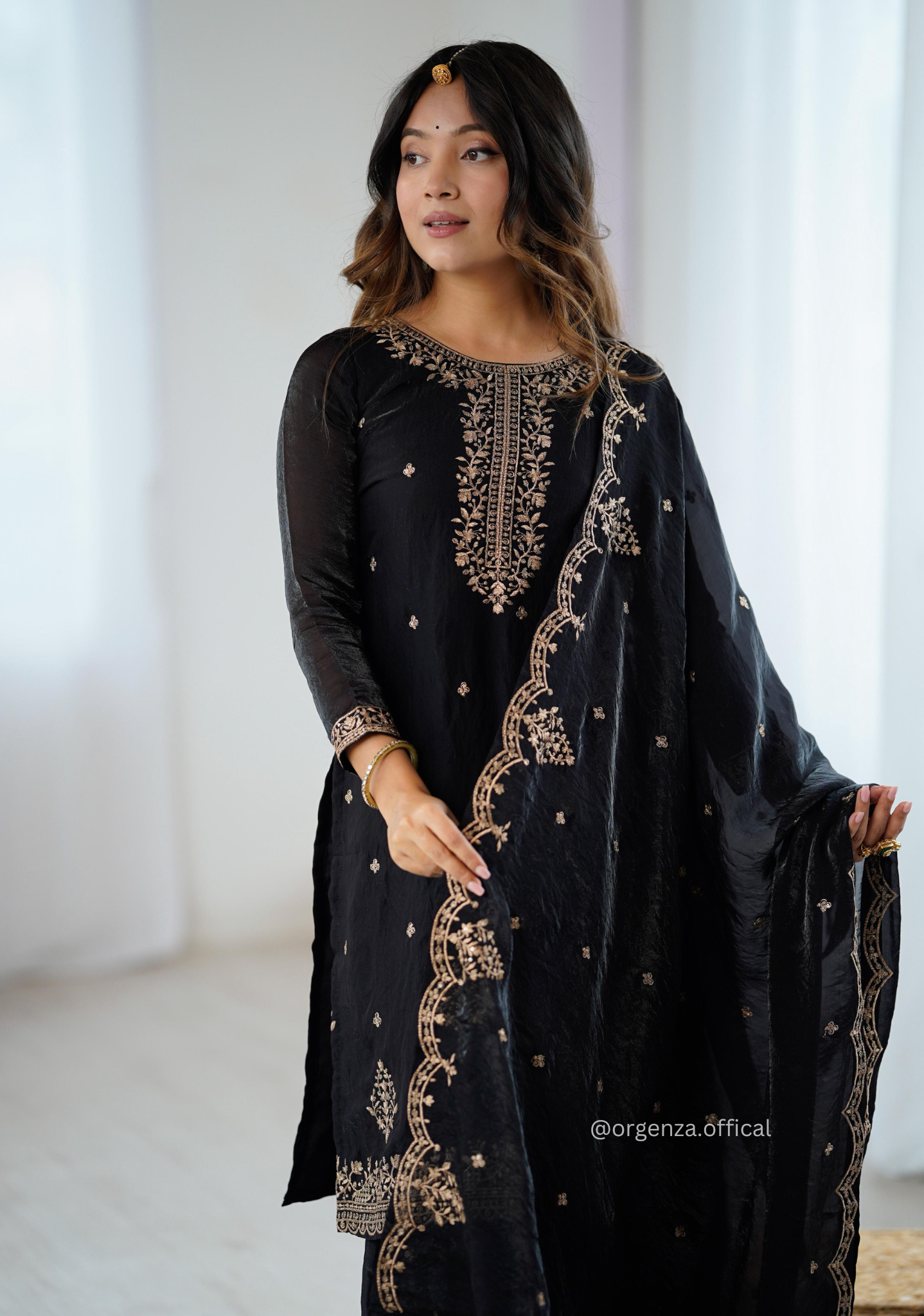 Black Colour Crunchy Silk Fabric Kediya Kurta With Dupatta Set