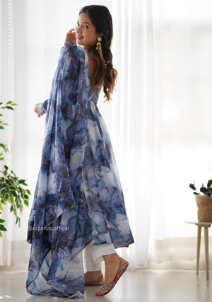 Grey Colour Organza Silk Marble Print Anarkali Kurtis - Orgenza Store