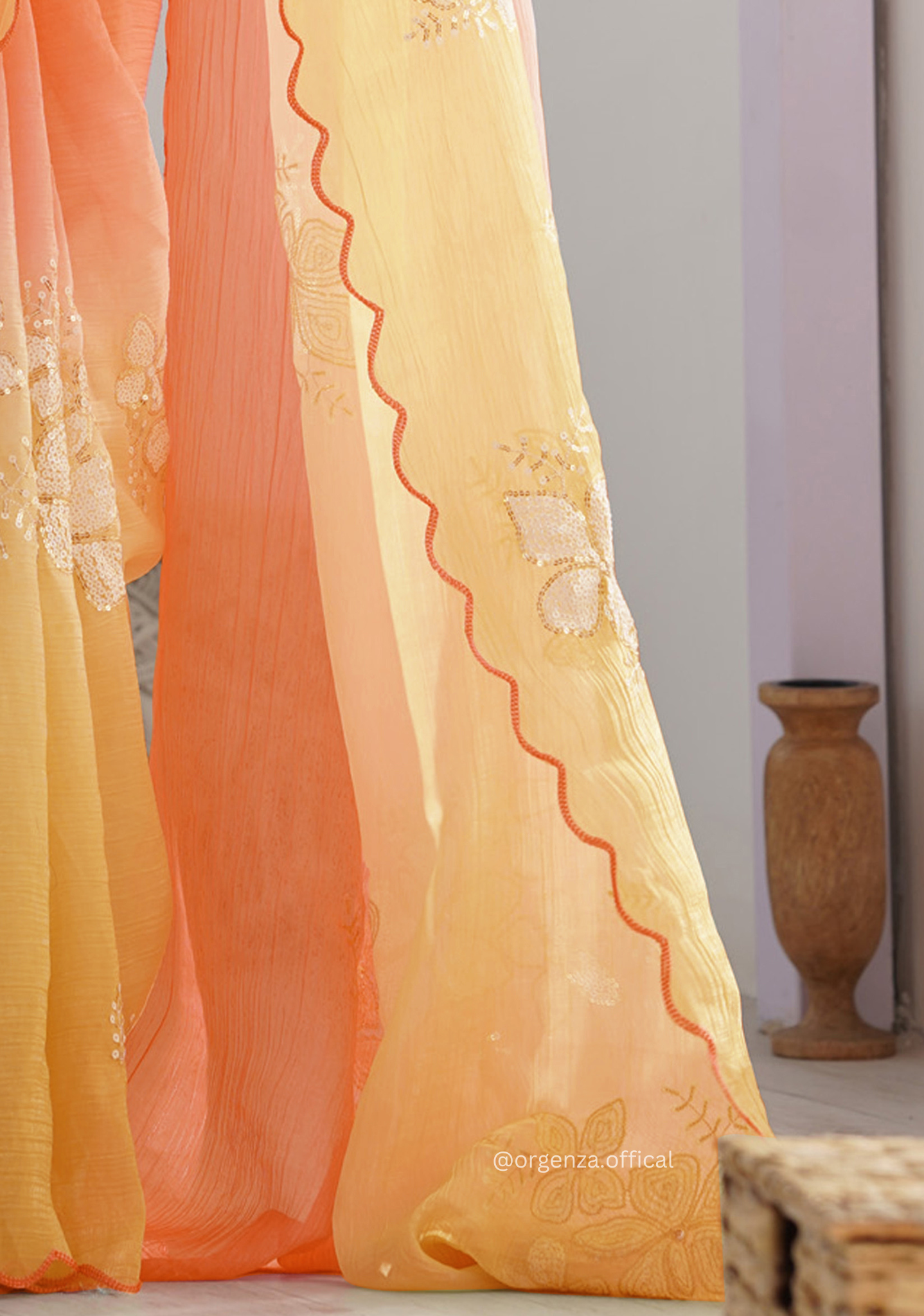 Orange Yellow Gold Crush Silk Saree