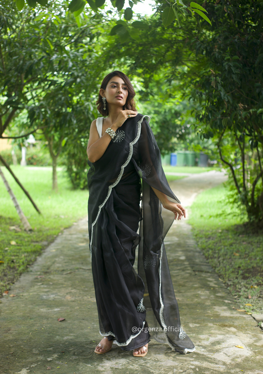 Black Colour Organza Saree With Hand Work - Orgenza Store