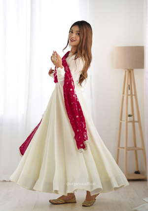 Off White Colour Vichitra Silk Anarkali Kurti - Orgenza Store