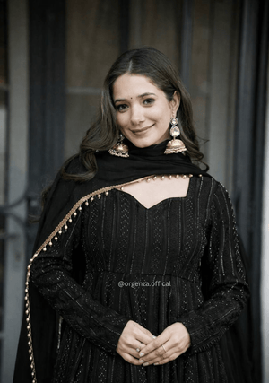 Premium Black Anarkali Sharara Suit Set with Sequins & Zari Embroidery - Orgenza Store