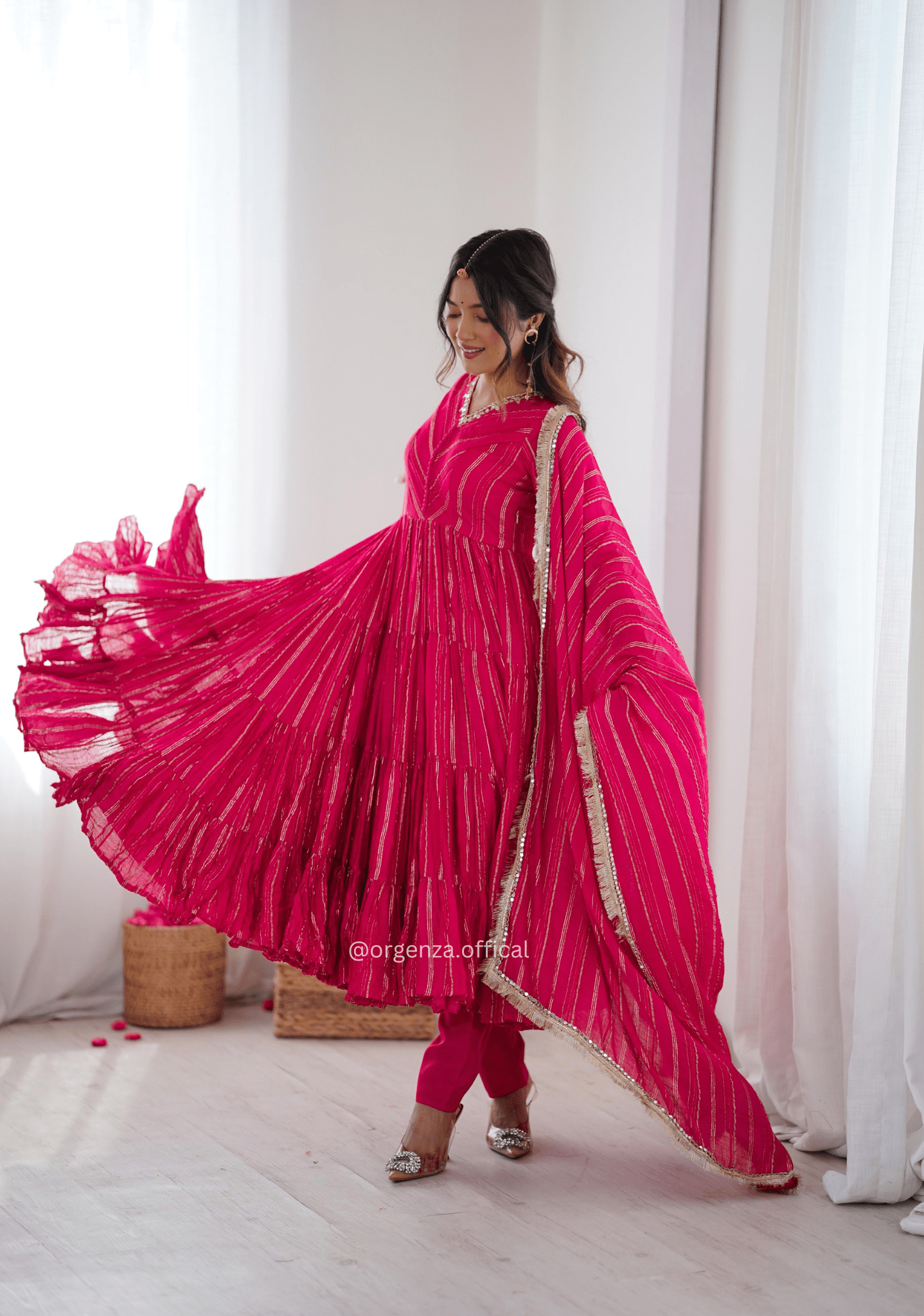 Mal Chanderi Mirror Work Ruffle Gown Set with Dupatta – Fully Stitched - Orgenza Store - digisoch