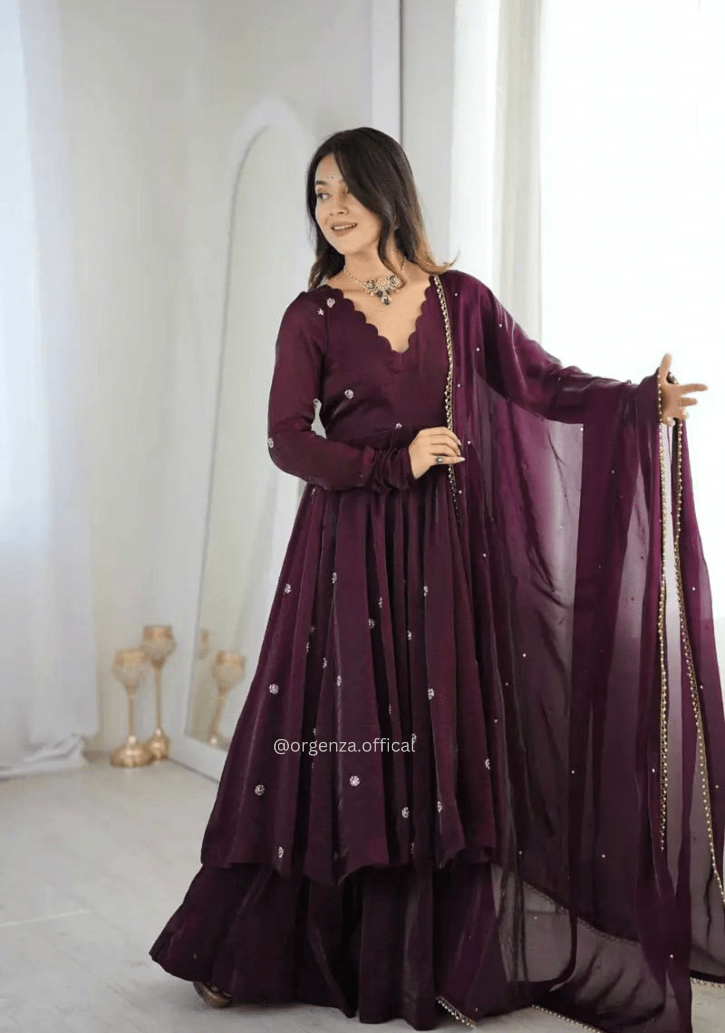 Elegant Embroidered Sequin Anarkali Suit Set in Crunchy Silk with Moti Dupatta – Ready to Wear