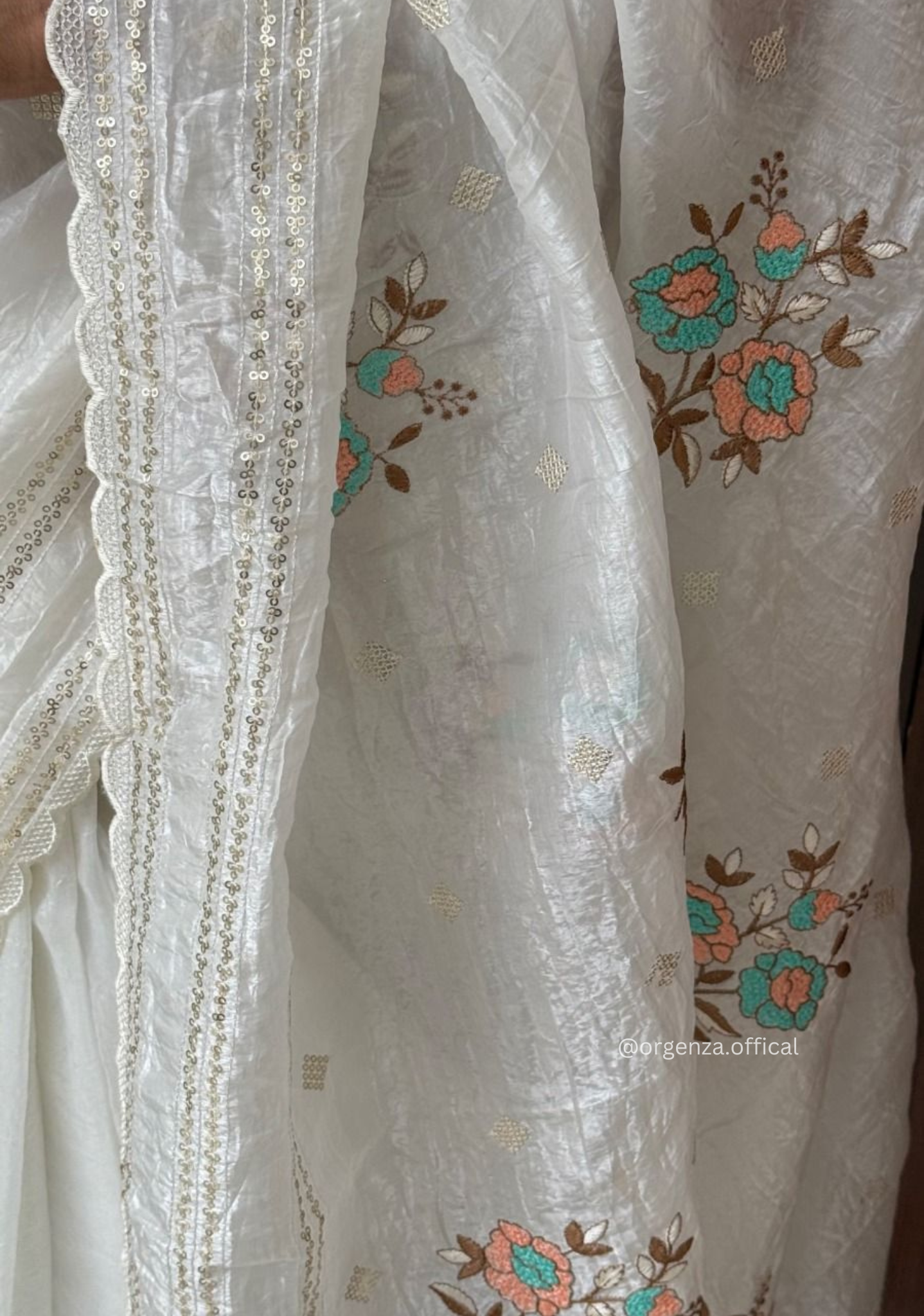 White Colour Crush Organza Saree