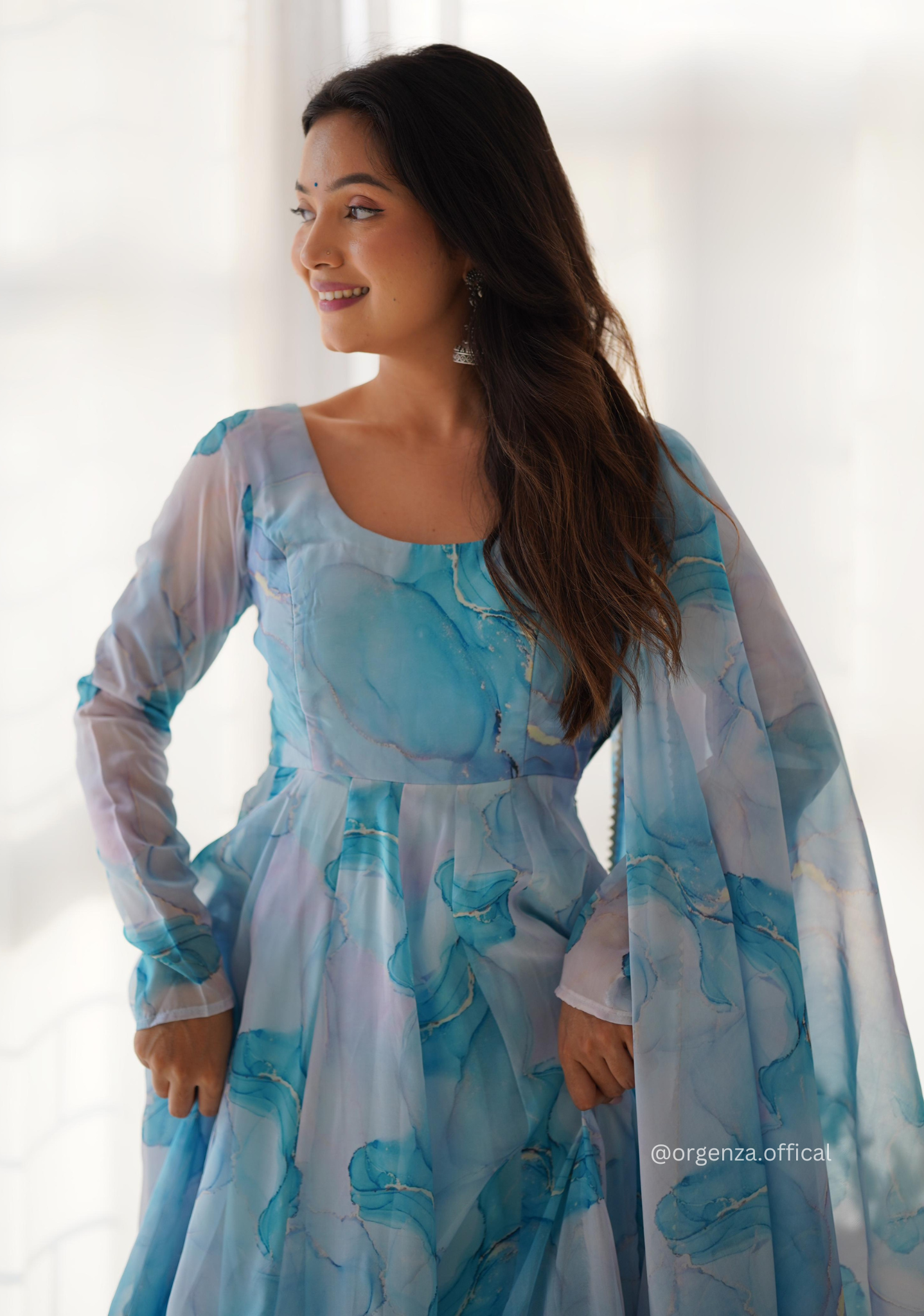 Sky Blue Colour Organza Silk Marble Print Anarkali Kurtis - Orgenza Store