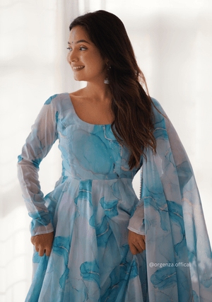 Sky Blue Colour Organza Silk Marble Print Anarkali Kurtis - Orgenza Store