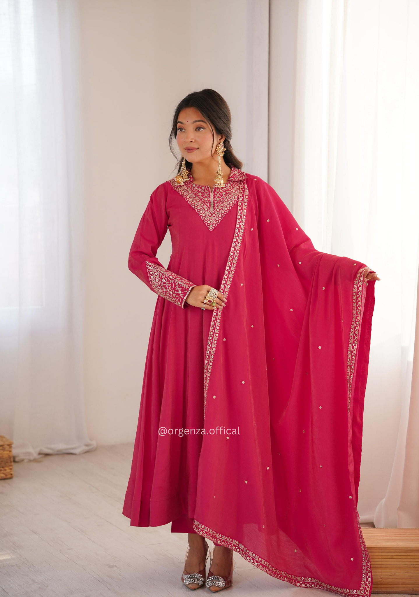 Premium Roman Shimmer Silk Full Flare Anarkali Suit Set with Embroidered Dupatta & Pant