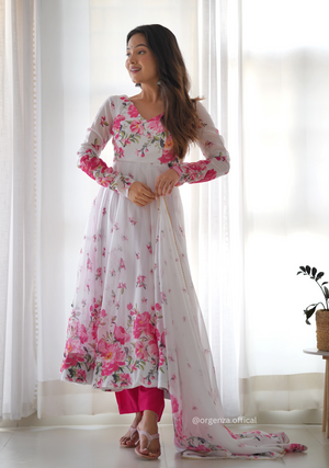 White Floral Organza Anarkali With Dupatta Set - Orgenza Store