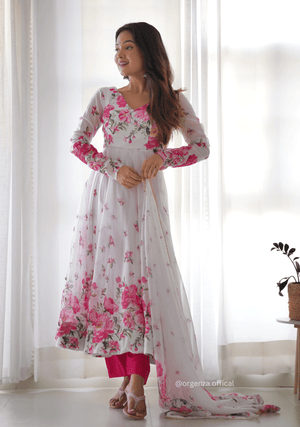 White Floral Organza Anarkali With Dupatta Set - Orgenza Store - digisoch