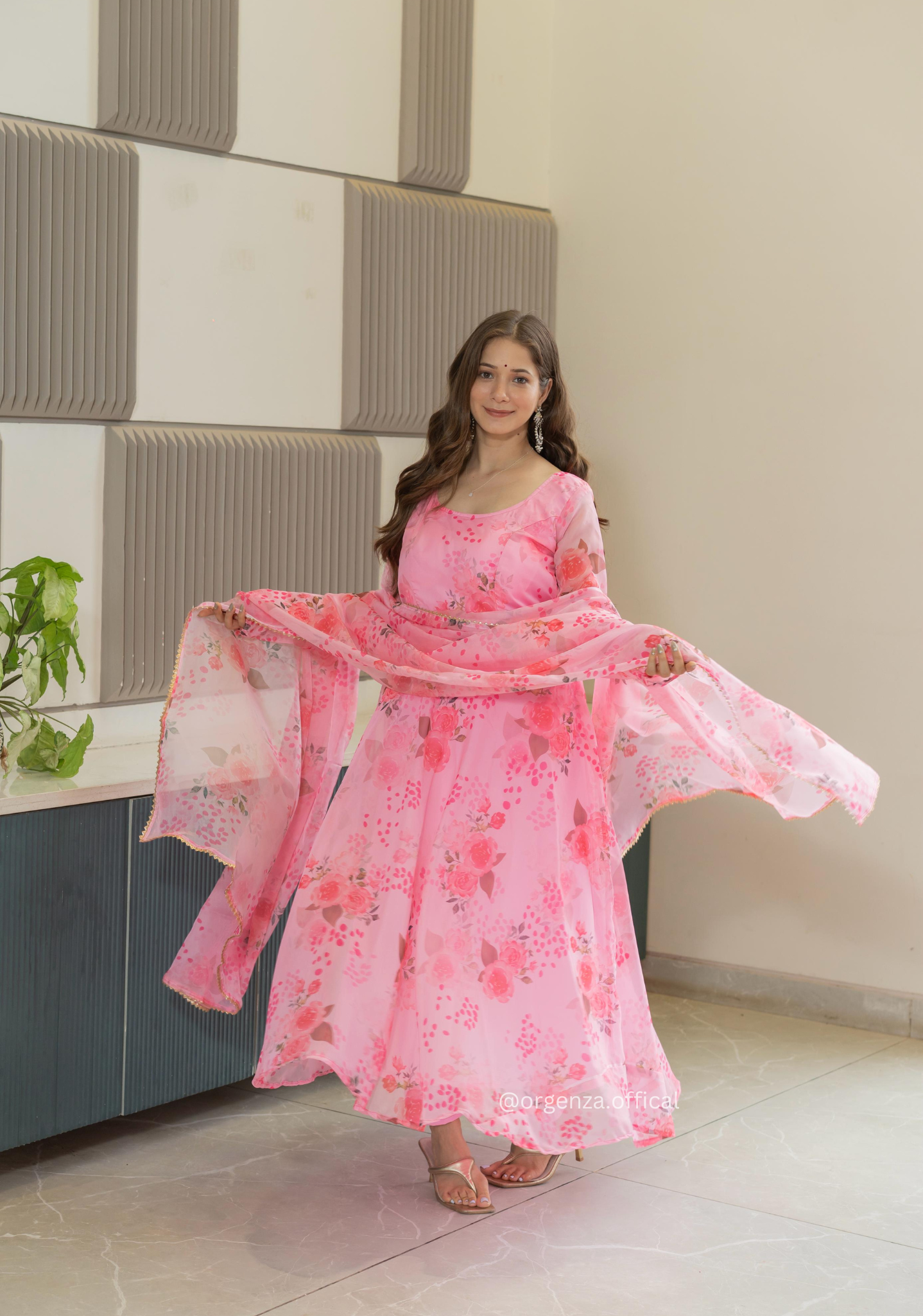 Baby Pink Colour Pure Organza Silk Floral Anarkali Kurtis