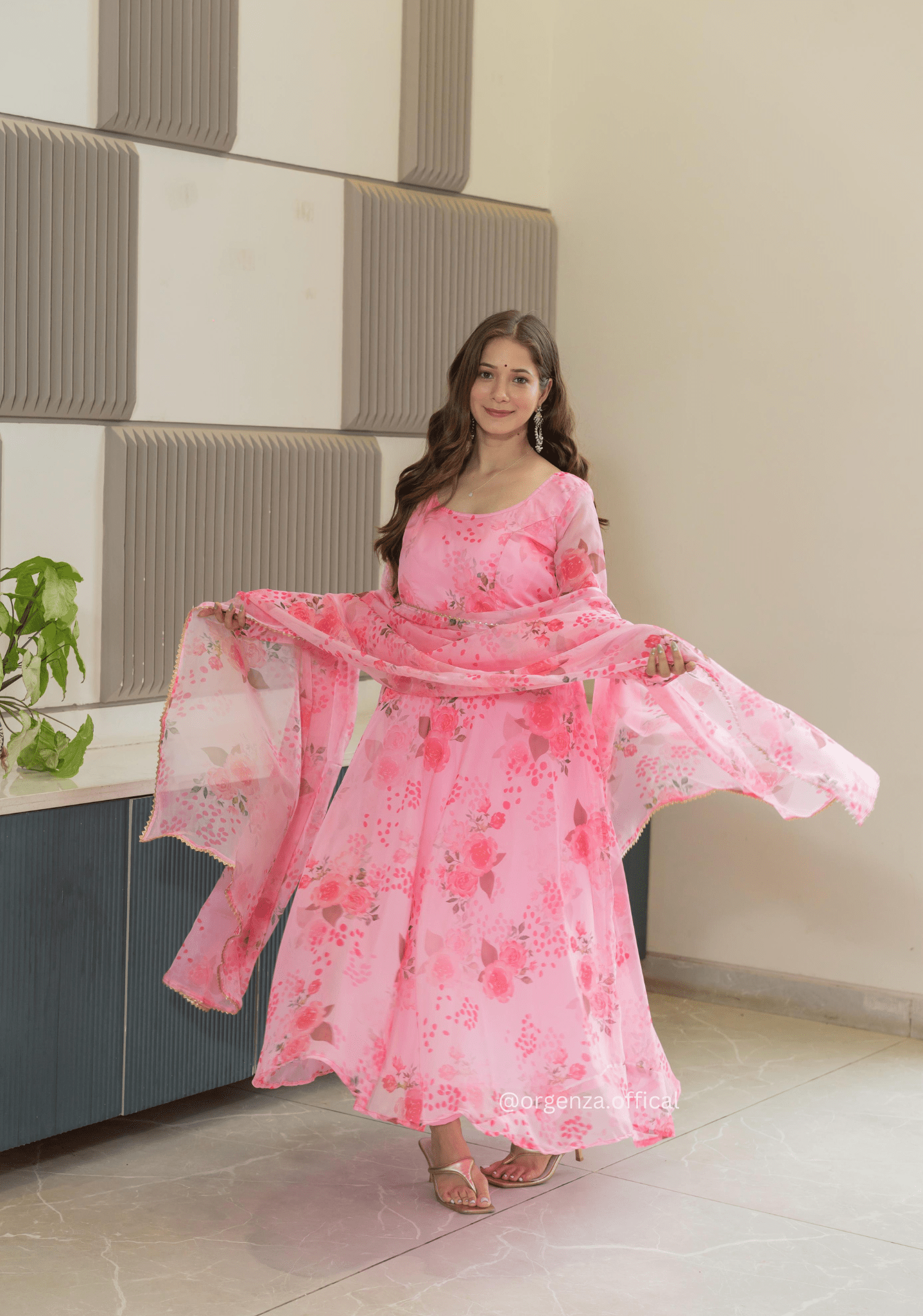 Baby Pink Colour Pure Organza Silk Floral Anarkali Kurtis - Orgenza Store - digisoch