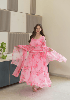 Baby Pink Colour Pure Organza Silk Floral Anarkali Kurtis - Orgenza Store - digisoch