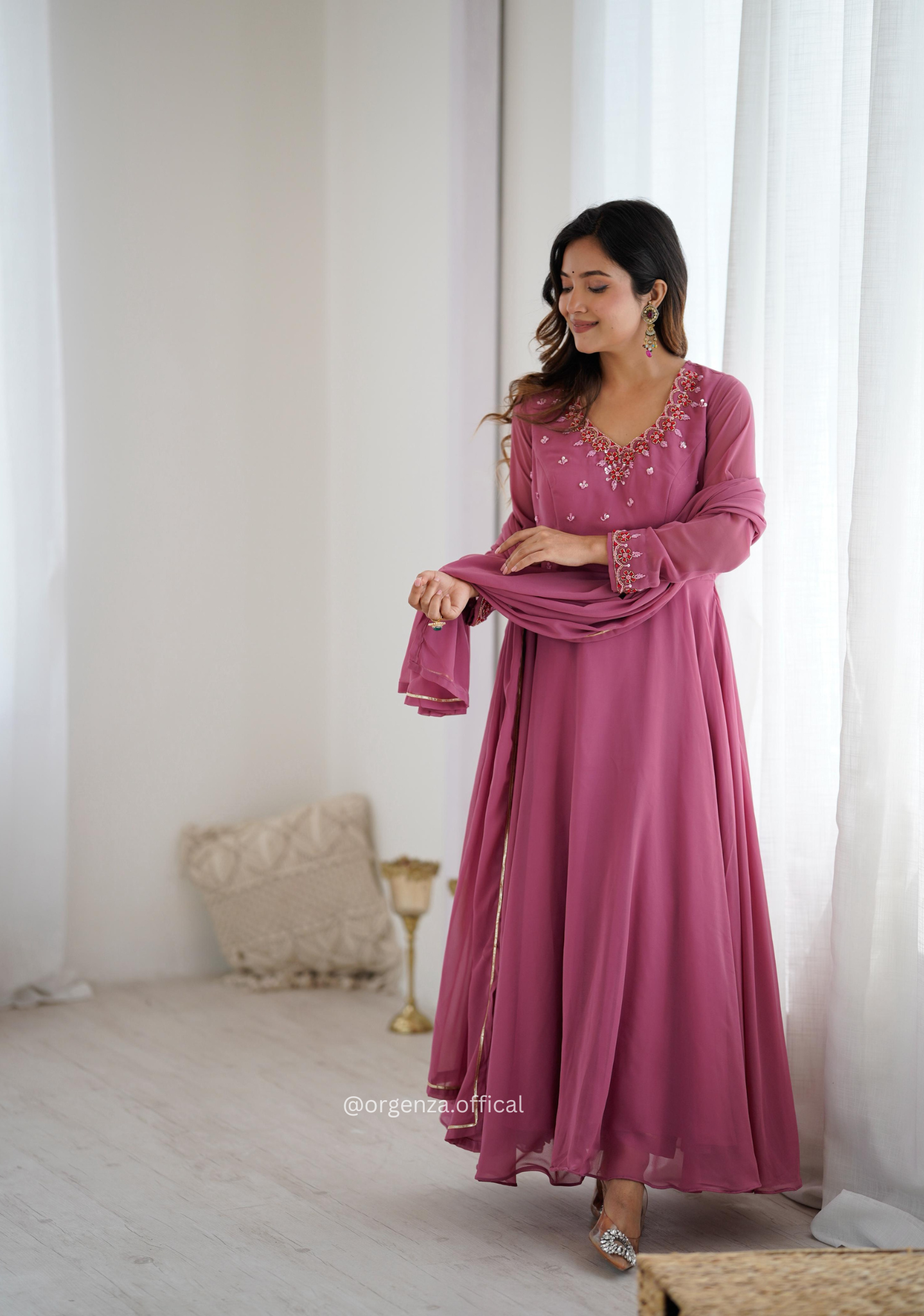 Onion Georgette Handwork Anarkali Kurti Set