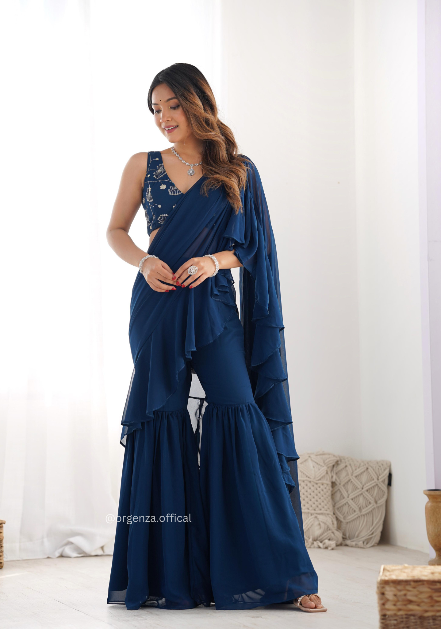 Ready To Wear Teal Blue Colour Sharara Saree - Orgenza Store