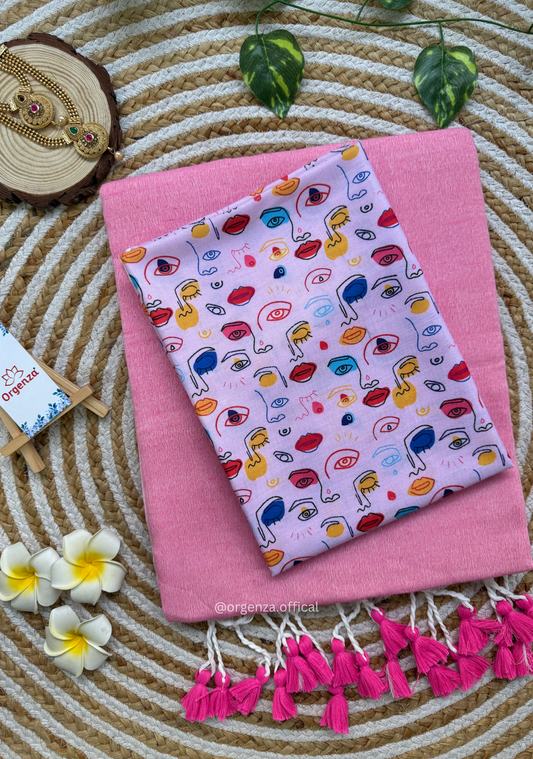 Baby Pink Colour Cotton Saree With Face Print Blouse