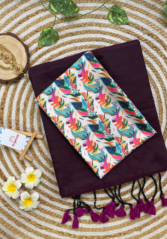 Wine Colour Cotton Saree With Multi Print Blouse