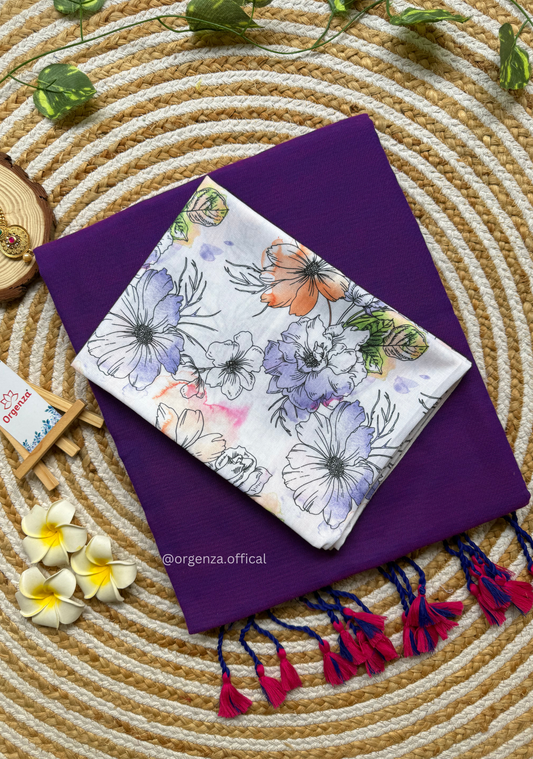 Purple Colour Cotton Saree With Purple Flower Print Blouse