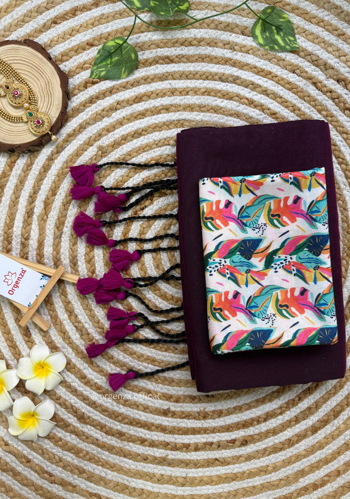 Wine Colour Cotton Saree With Multi Print Blouse