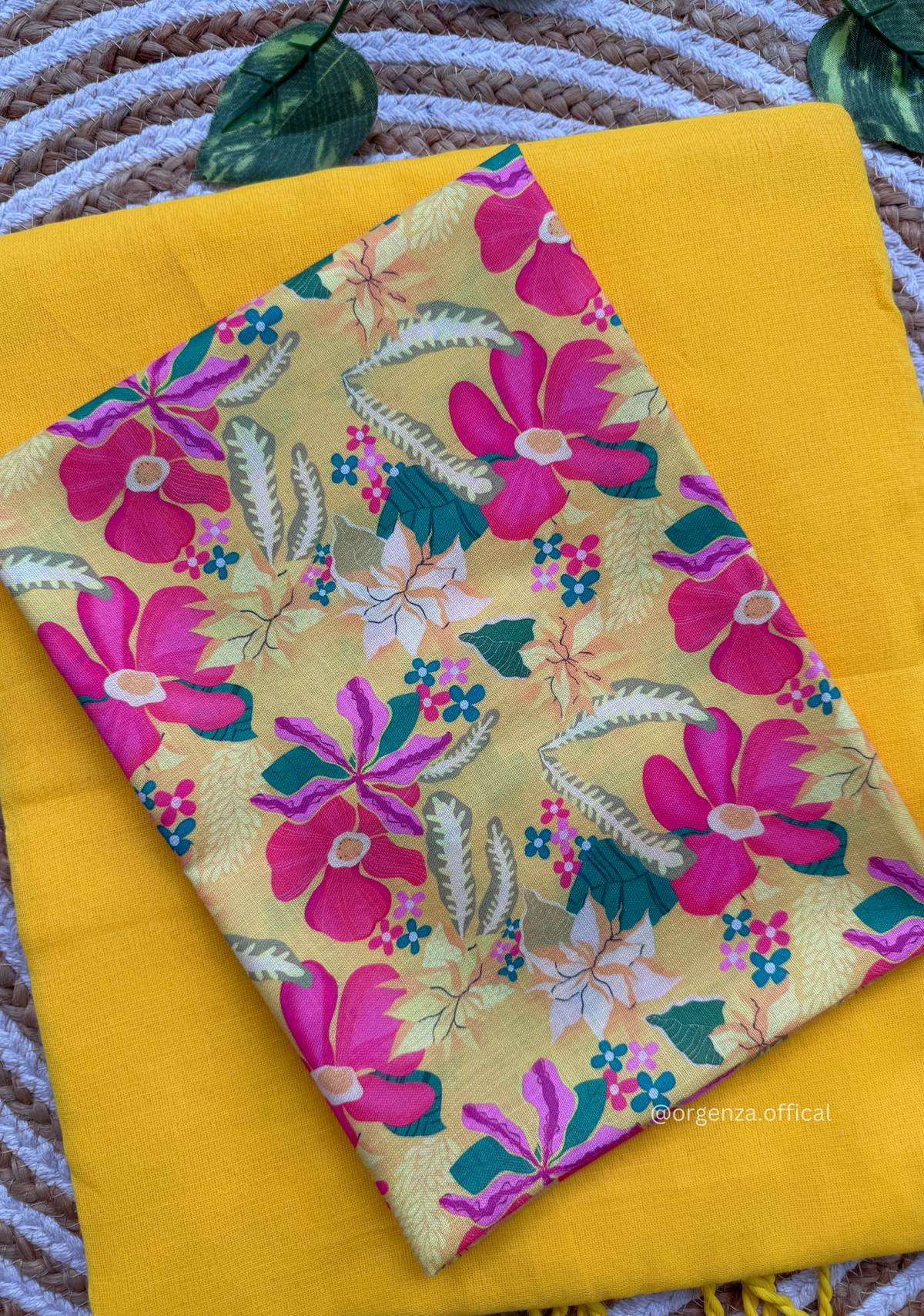 Yellow Colour Cotton Saree With Pink Flower Print Blouse - Orgenza Store - digisoch