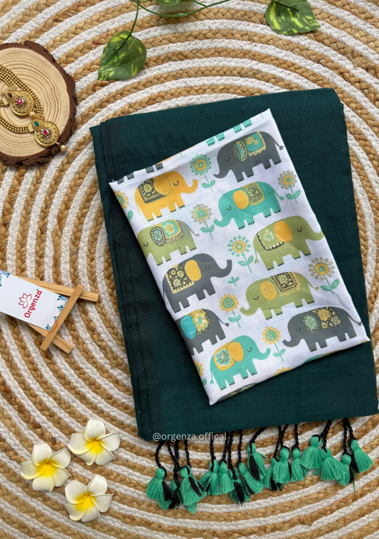 Rama Green Colour Cotton Saree With Baby Elephant Print Blouse