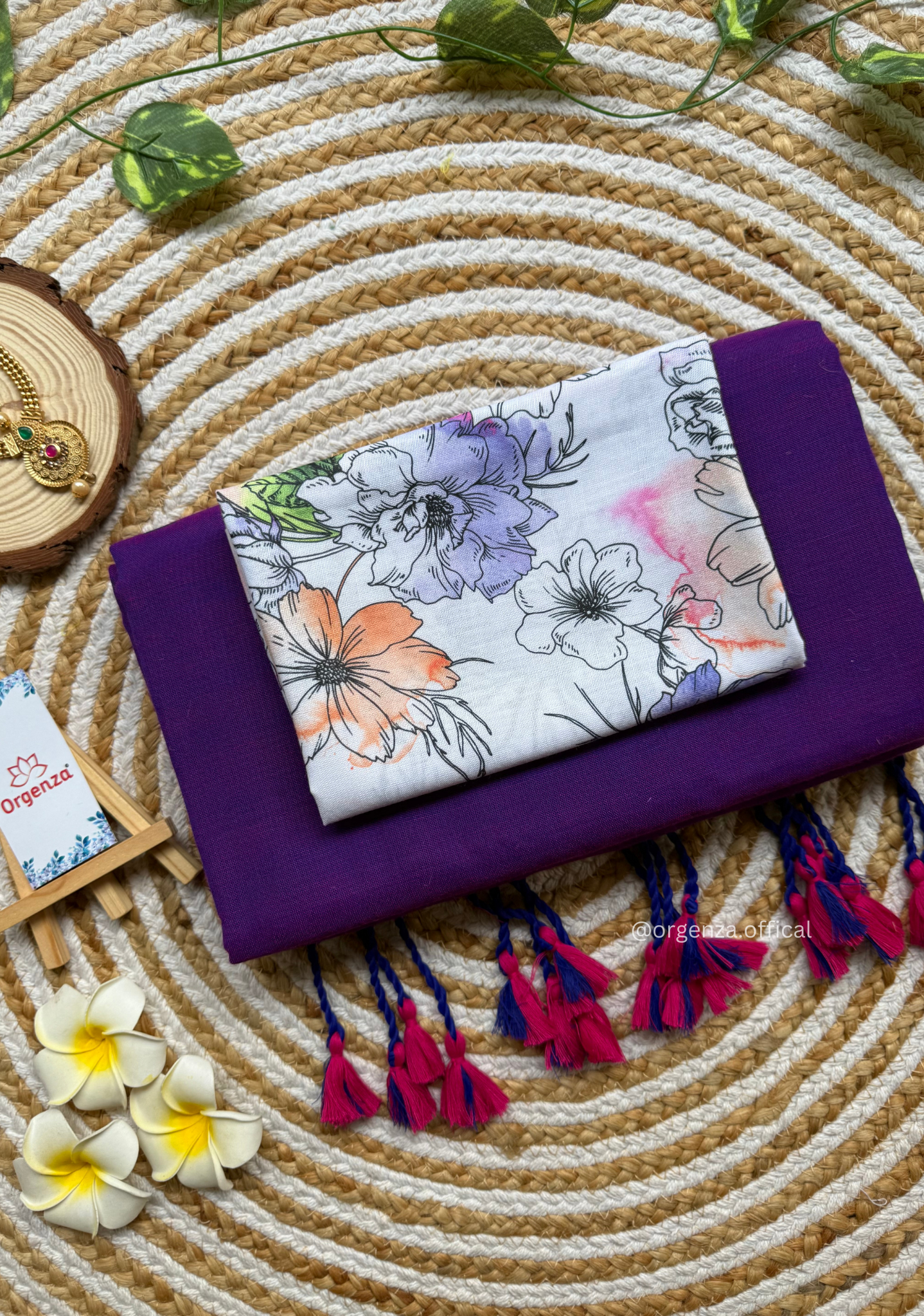 Purple Colour Cotton Saree With Purple Flower Print Blouse