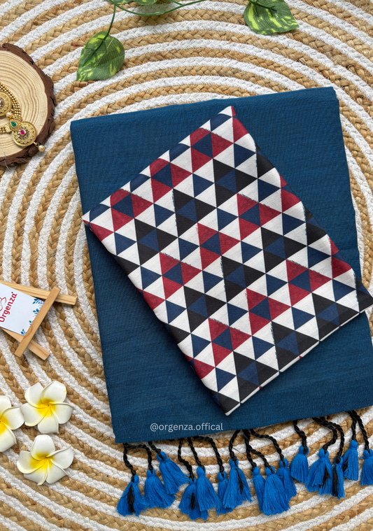 Rama Blue Colour Cotton Saree With Tringle Print Blouse