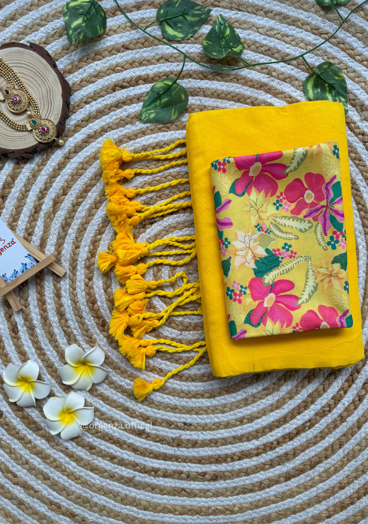 Yellow Colour Cotton Saree With Pink Flower Print Blouse