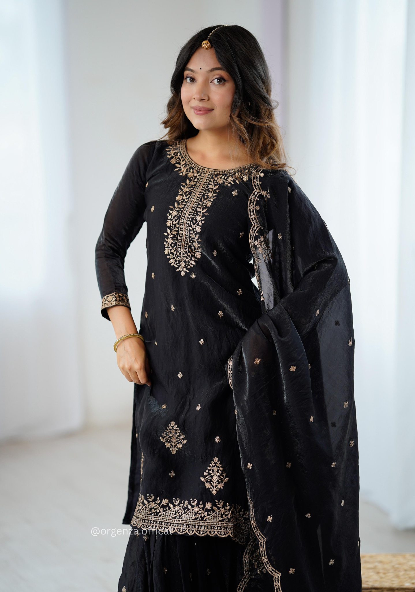 Black Colour Crunchy Silk Fabric Kediya Kurta With Dupatta Set